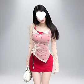一整套辣妹吊带连衣裙绝美长袖印花防晒性感纯欲风罩衫套装两件套