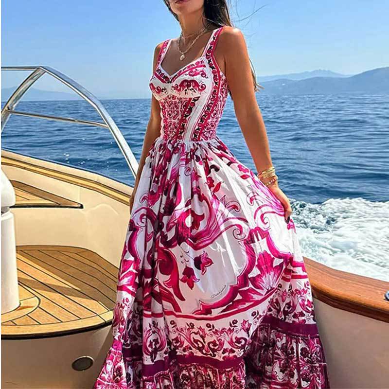 Sleeveless Sleeve Type Women's Clothing Autumn New Pattern Print Square Collar Suspender Skirt Pleated Slim High Waist Dress Women