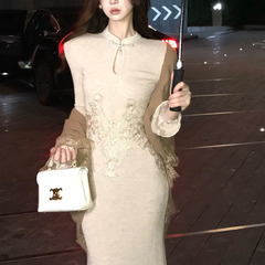 【杏织云裳】新中式巨好看早秋连衣裙立领刺绣针织长裙开衫外套女