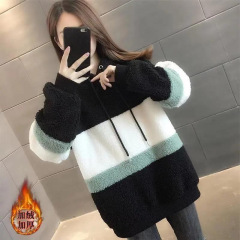 加绒仿羊羔毛卫衣女装拼色大码时尚2025秋冬季新款韩版外套女装潮