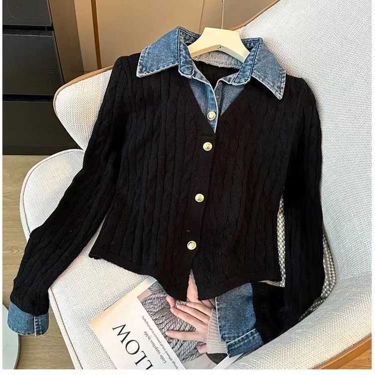 Women's Long Sleeve Patchwork Cable Knit Sweater Denim Collar Two Piece Faux Style Versatile And Stylish Design_voghion.com