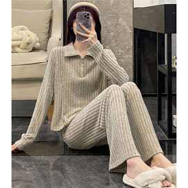 黁白睡衣女秋冬季磨毛绒长袖长裤简约日系灰色休闲甜美家居服套装
