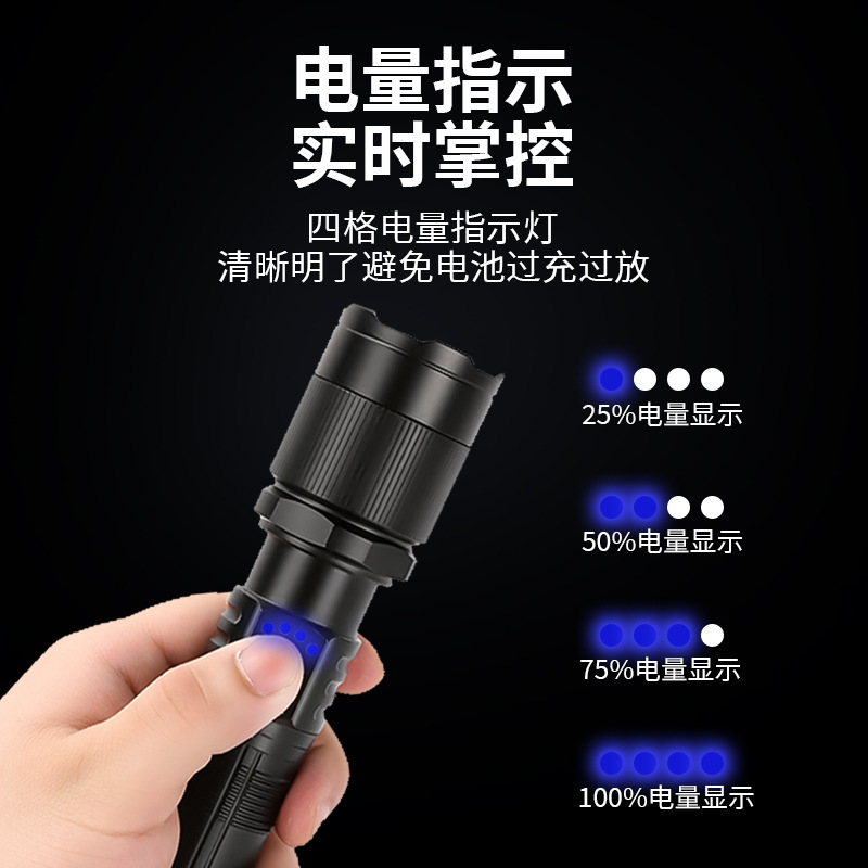 Transfronterizo nueva linterna de patrulla LED al aire libre USB recargable zoom aleación de aluminio luz fuerte linterna de alta potencia