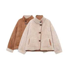 亚马逊欧美风冬季新款立领拼接反绒皮效果仿羊羔绒双面穿夹克外套