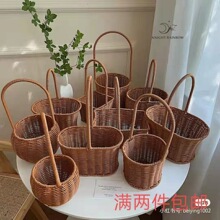 仿藤编手提篮铁艺造型鲜花干花插花花篮柳编编织田园客厅装饰摆件