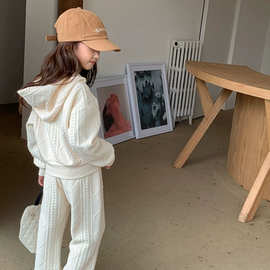 女童韩版秋装套装2025新款中大童长袖连帽外套开叉喇叭裤两件套潮