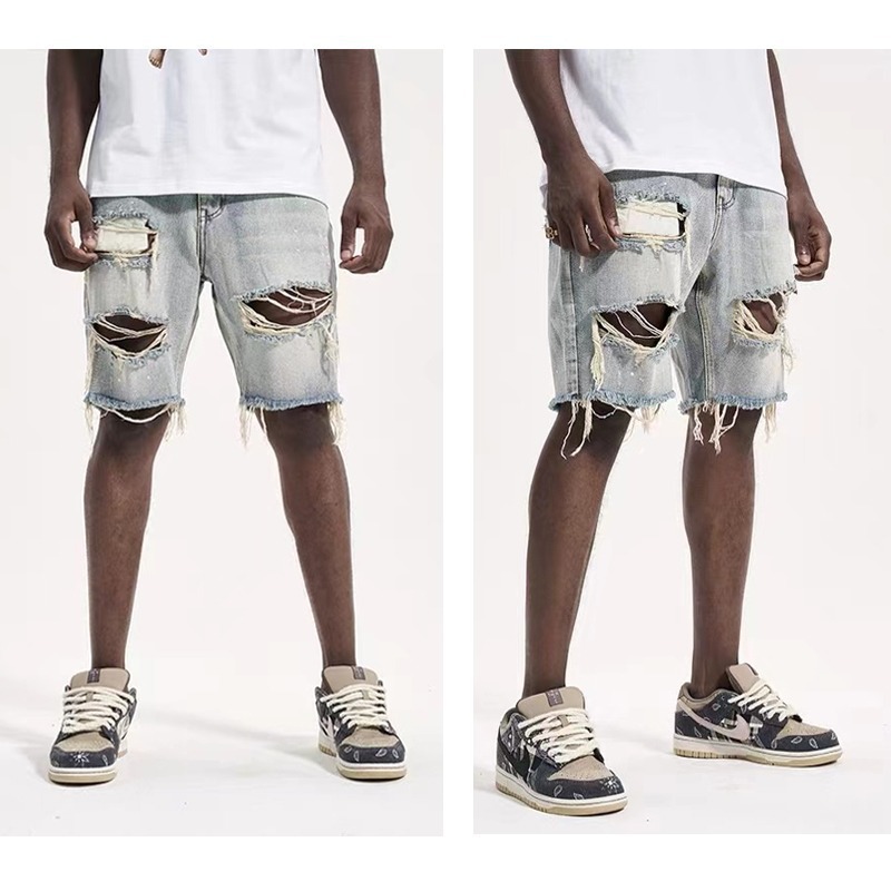 Vintage Ripped Denim Shorts for Men, Plus Size, European and American Style, Distressed Raw Hem, Distressed Five-Point Shorts, Ins