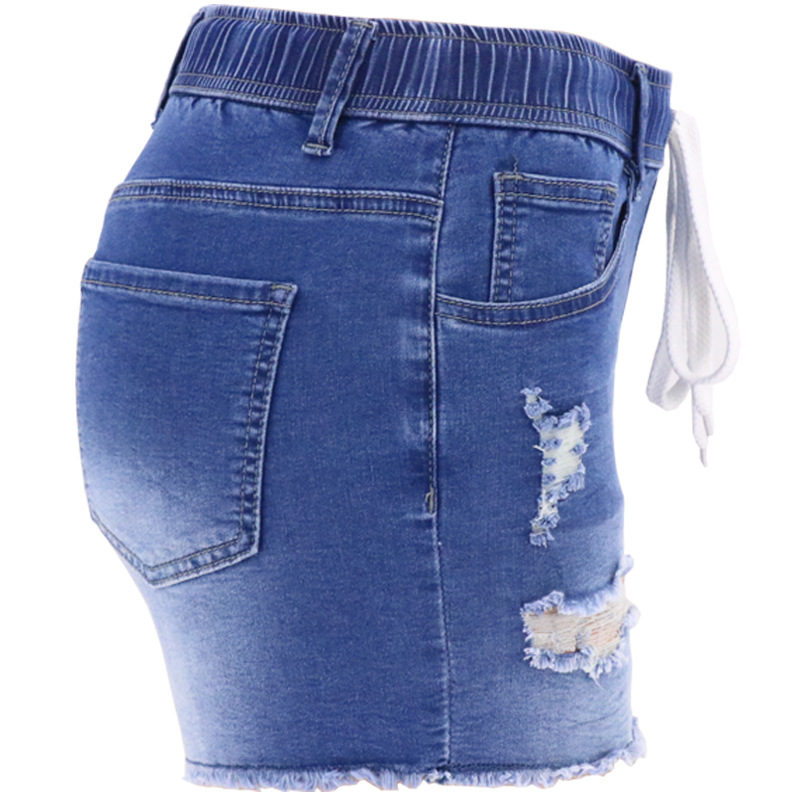 elastic drawstring high-waist slim-fit hole washed denim shorts NSYB65086