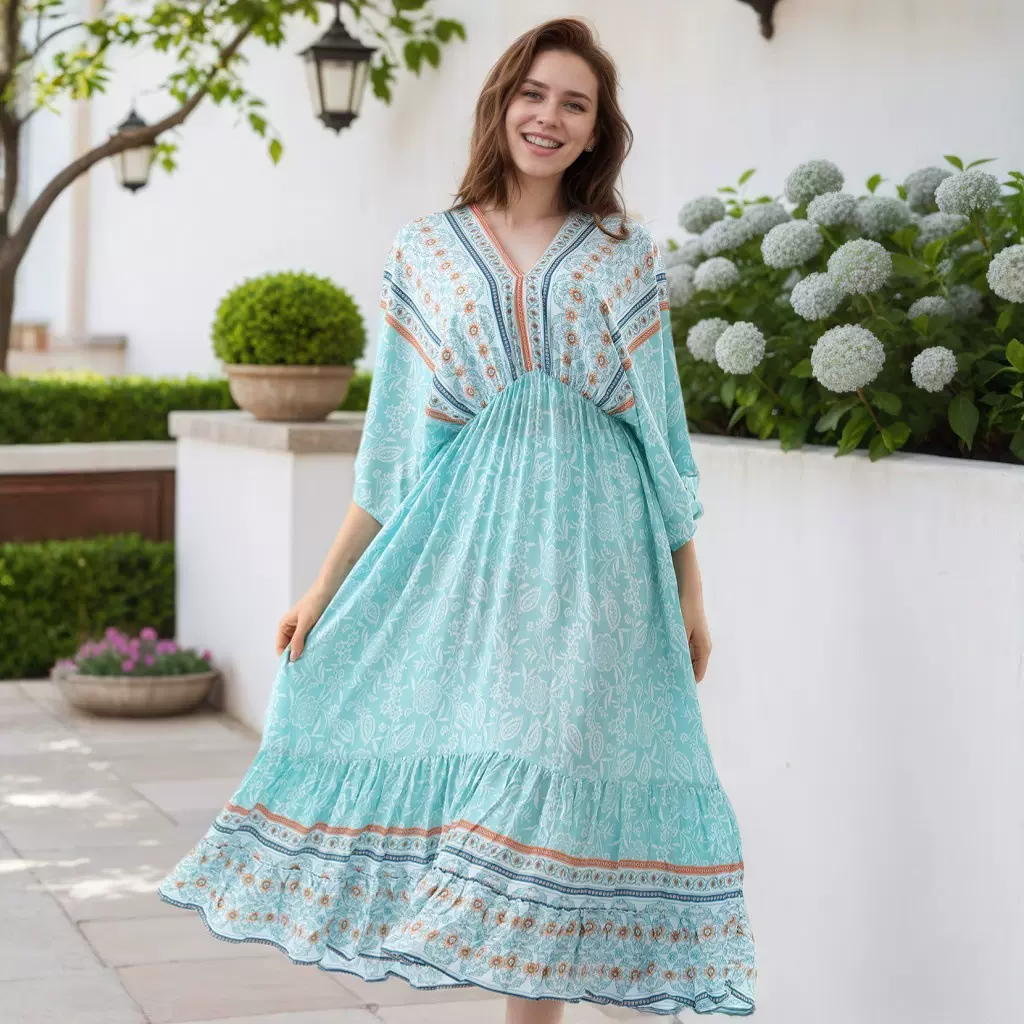 欧美跨境沙滩裙定位花沙滩罩衫度假连衣裙宽松A摆长裙亚马逊