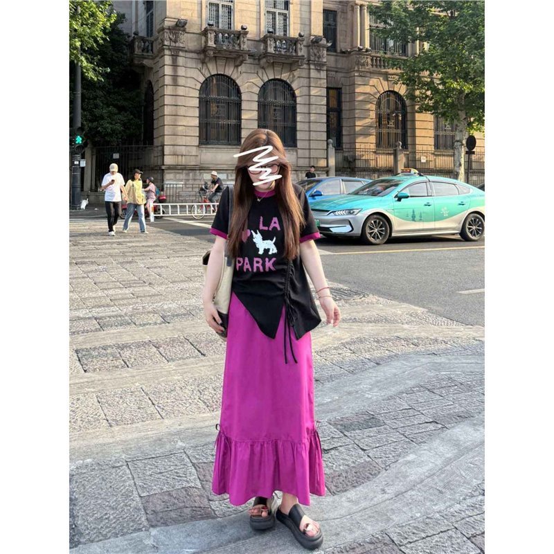 大码胖mm韩系拼接撞色字母短袖T恤女装夏季巨显瘦半身裙时尚套装|undefined