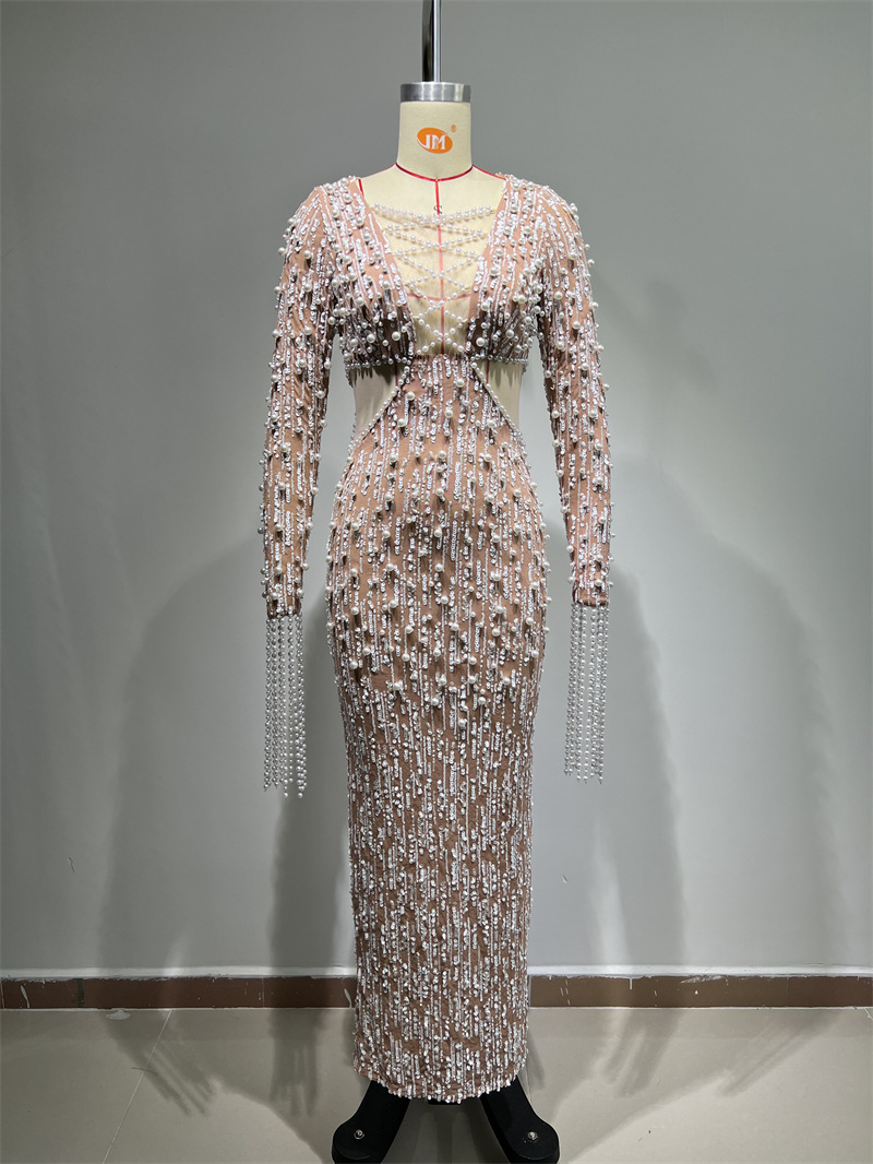 Abito da sera donna con paillettes e perline scollo a v elegante_voghion.com