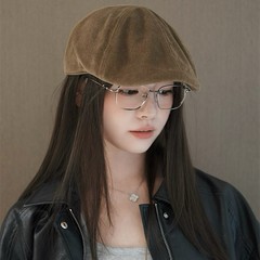 韩版2025秋季新款贝雷帽复古灯芯绒前进帽女文艺报童帽画家帽子潮