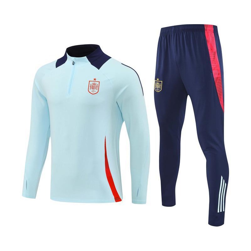 Spain Home Blue Half Zip Long Sleeve Football Training Suit suit Light Board Adult Sportswear Outfit