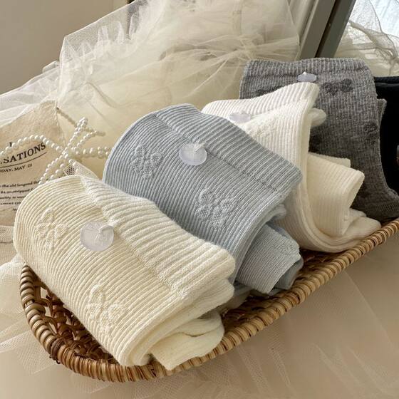Bow button boneless socks children's mid-tube socks spring and summer new Korean ins cotton solid color casual stacking socks