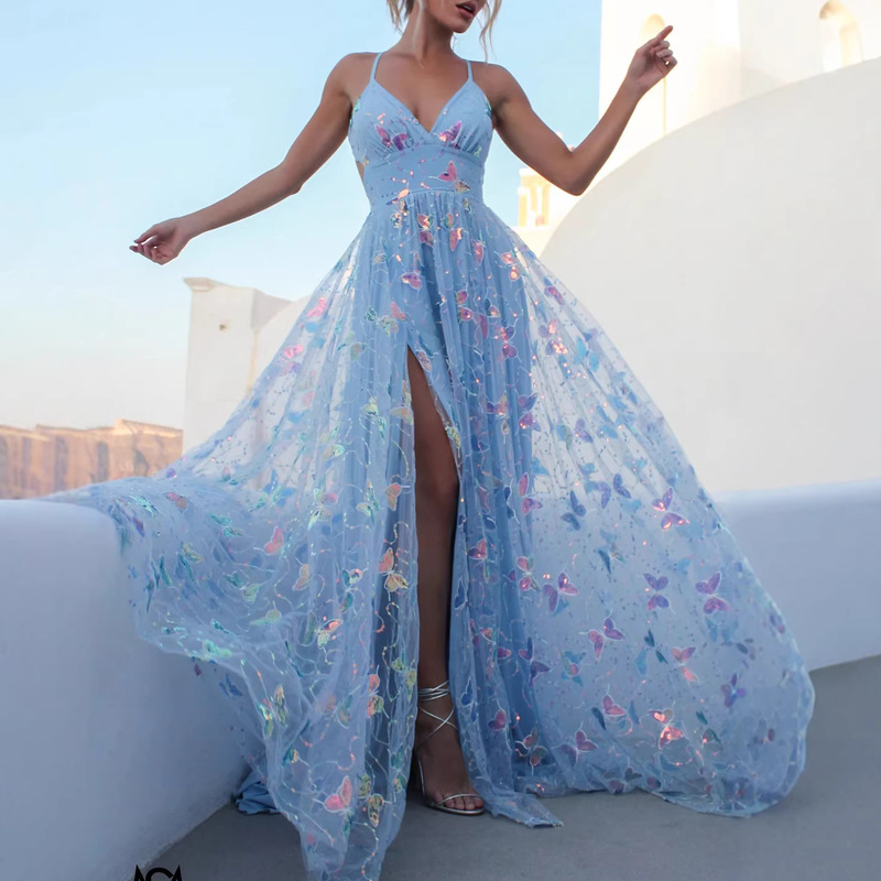 Fashionable Foreign Trade Sequined Spaghetti Strap Dress, European and American Style, Suitable for Banquets and Events, Elegant and Slimming Long Evening Gown