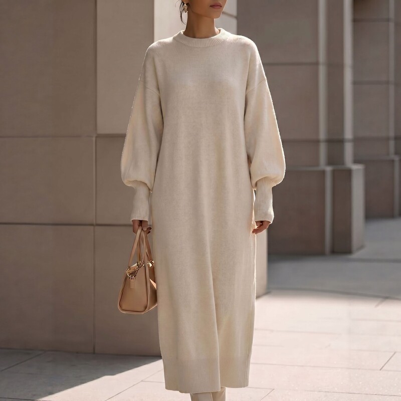 New European and American cross-border loose-fitting solid color round-neck lantern sleeve knitted dress for women, autumn and winter long sweater dress New European and American cross-border loose-fitting solid color round-neck lantern sleeve knitted dress for women, autumn and winter long sweater dress