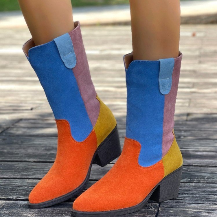 Women's Color Blocked Pointed Toe Riding Boots plus Size Slip on mid Heel Western Style Shoes for Autumn_voghion.com