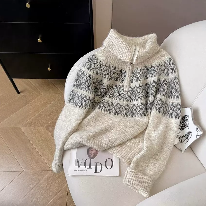 大朗毛衣提花费尔岛毛衣女款2025款秋冬翻领羊毛奶呼呼软糯针织衫