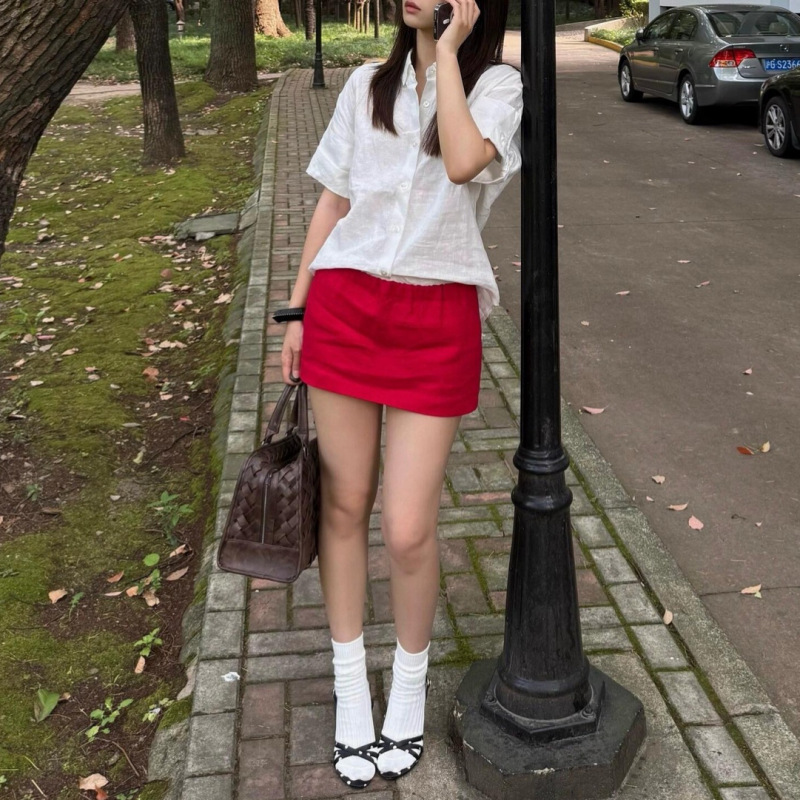 Tss Red Linen Summer Vacation Short Skirt Pants for Women, Same Style as for Stay-At-Home Girls, French Retro Low-Waist Anti-Exposure Half Skirt Tss Red Linen Summer Vacation Short Skirt Pants for Women, Same Style as for Stay-At-Home Girls, French Retro Low-Waist Anti-Exposure Half Skirt