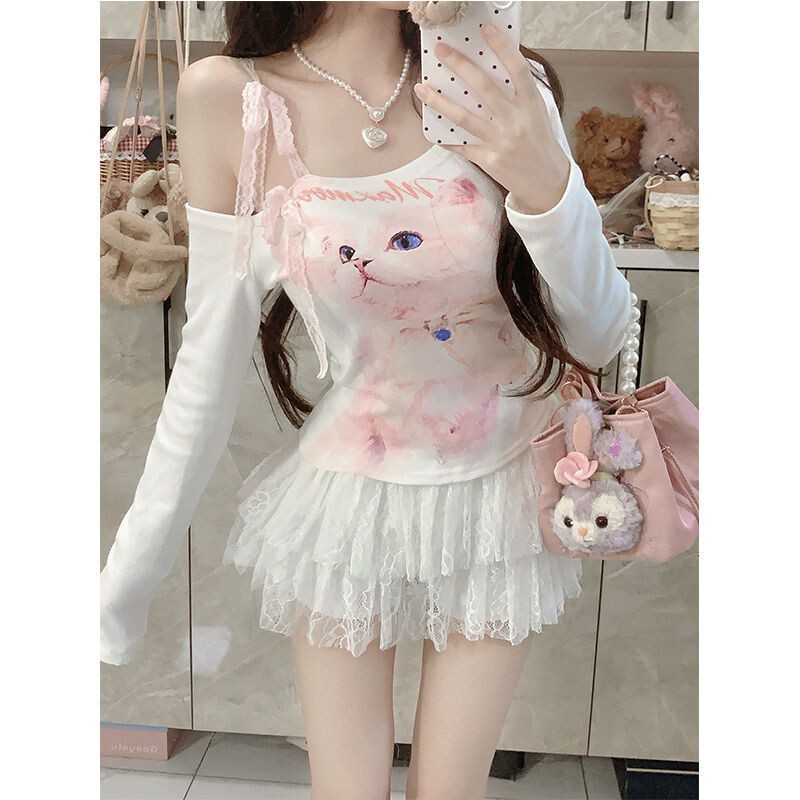 Sweet Spice Girl Pure Wants Shoulder Slim-fit Lace Belt Top Niche Design Sense Long Sleeve Slim Shoulder Slim Base T-shirt