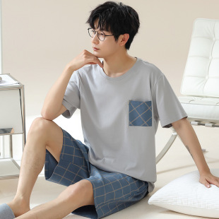 2025 New Summer Men's Pajamas Round Neck Simple Thin Suit Casual Wearable Large Size Home Clothes Imitation Cotton
