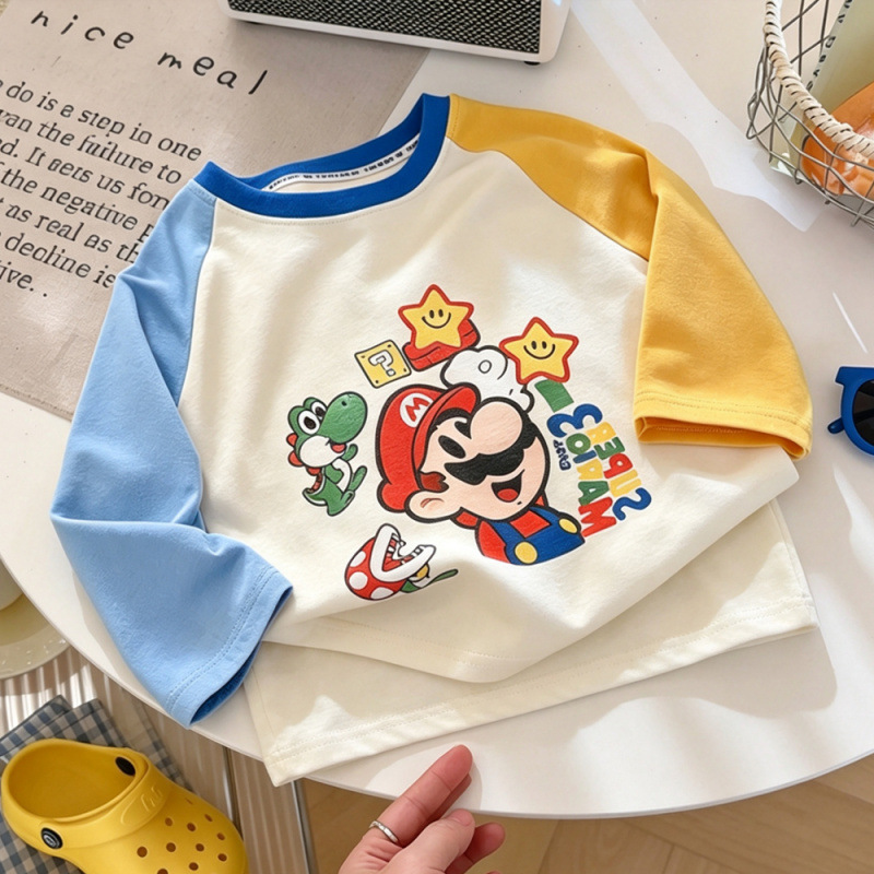 Color-blocked cartoon print children's pure cotton long-sleeved T-shirt, autumn Korean style, fashionable, casual, versatile color-blocked round neck top