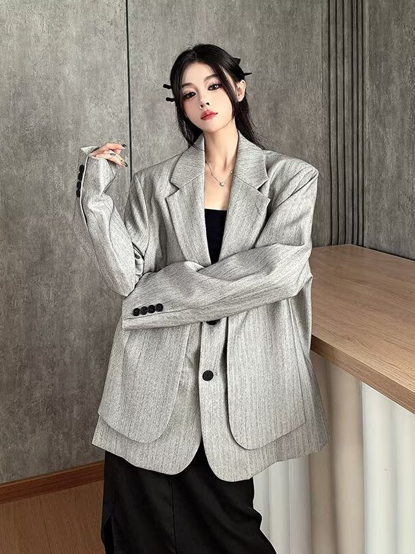 假两件廓形高级感西装外套女2025年春季宽松质感中性垫肩西服上衣|undefined
