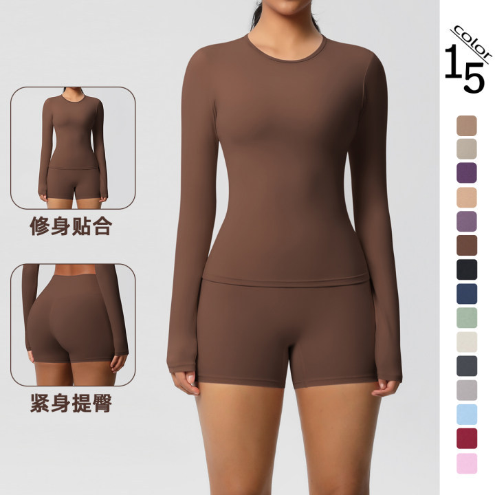 Nuevo traje de ropa de yoga larga ajustada cepillada de doble cara de color sólido transfronterizo, ropa deportiva para correr, traje de dos piezas para mujer