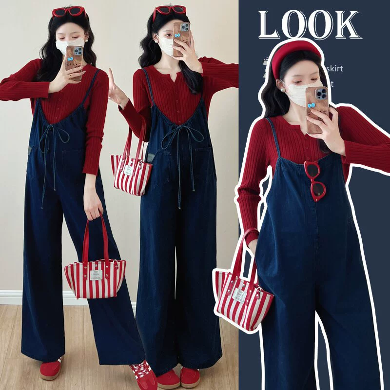 Реальный снимок беременные женщины осень новые джинсовые брюки осенью свободные тонкие уличные широкие брюки для беременных