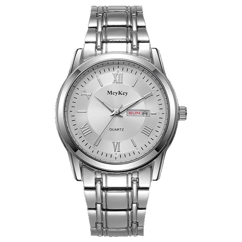 Reloj de la marca McyKcy para hombre, luminoso, impermeable, doble calendario, reloj de moda, reloj de cuarzo, plata al por mayor transfronteriza