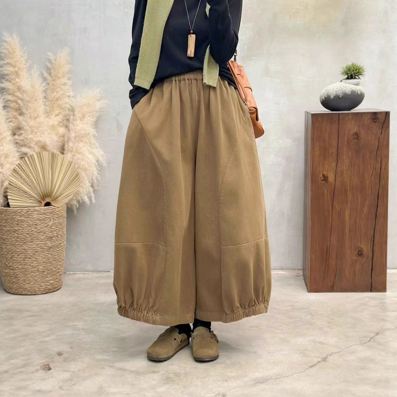 新品复古立体拼接花苞阔腿裤女松紧腰纯色宽松百搭九分靴裤|undefined