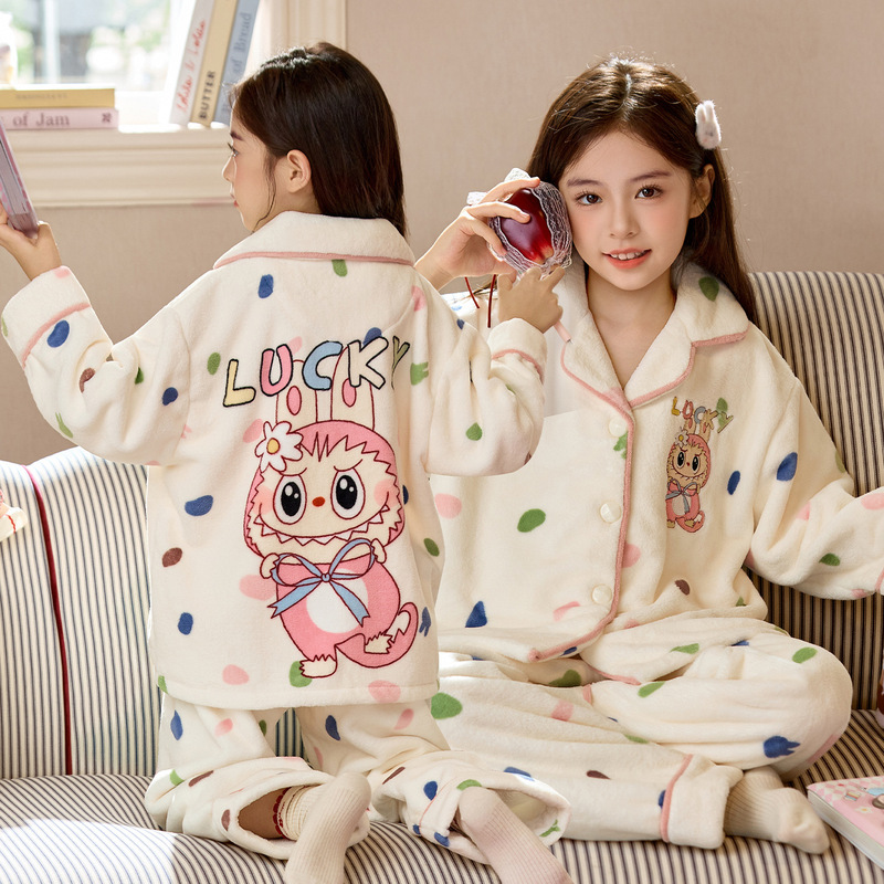 Coral fleece loungewear for girls, warm and thickened for autumn and winter, cute little monster flannel pajama set for older children Coral fleece loungewear for girls, warm and thickened for autumn and winter, cute little monster flannel pajama set for older children