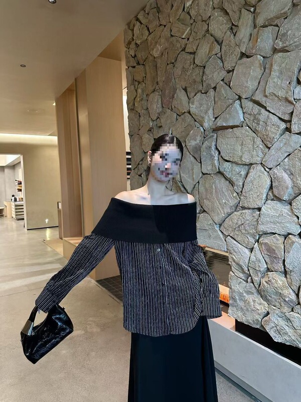 大码春秋新款设计感一字肩条纹衬衫宽松慵懒风露肩长袖上衣女|undefined