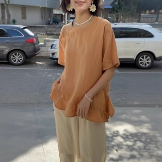 简梦天丝亚麻短袖T恤 2026夏季新款 木耳花边下摆小衫套头上衣女