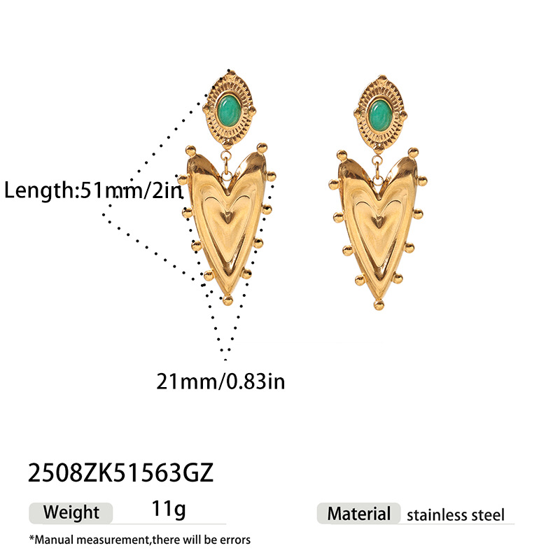 TENA estilo francés antiguo amor colgante de piedra natural pendientes de lujo ligero retro acero inoxidable orejas doradas para mujeres