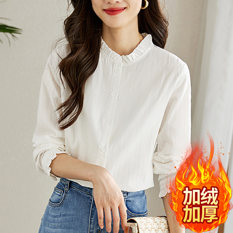 Cocoon de algodón, cuello de oreja de madera, camisa blanca, manga larga para mujer, primavera 2025, nueva camisa de algodón, camisa de fondo
