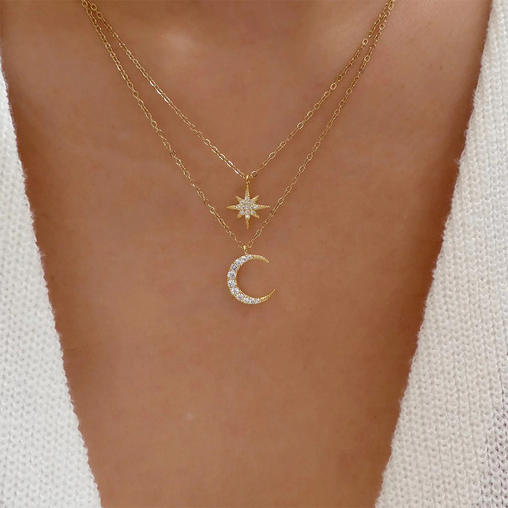 Sterling Silver Simple Style Star Moon Plating Inlay Zircon Double Layer Necklaces display picture 3