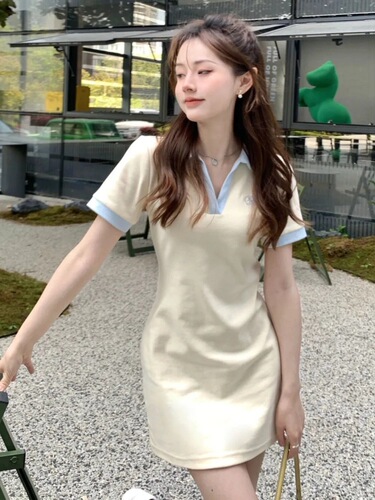 2025 Knit Casual Youthful Sweet Milk Waist-cinch Slimming Color-blocked Dress for Women Summer