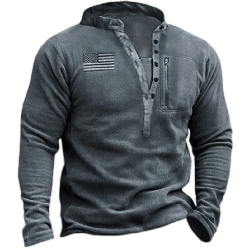 2025 Cross-Border European Code Export Men's V Neck Buttoned Sweatshirt Fleece Warm Tactical Sweatshirt Pullover Training Men