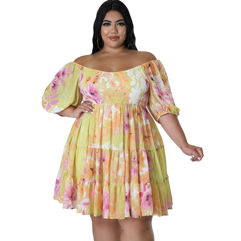 Plus Size Off Shoulder Floral Dress With Puff Sleeves, Flowy Swing Midi Dress For Women_ecoleips.com