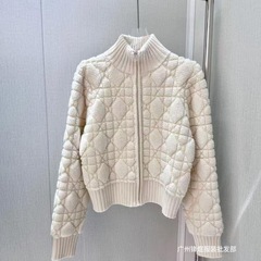 现货批发一件代发法式D经典菱形羊绒混纺拉链开衫针织外套女上衣