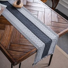 Imanqi Yun Table Banner Grey Cotton Cord Contrast Striped Patchwork Weaving Tassel Natural Material American Festival