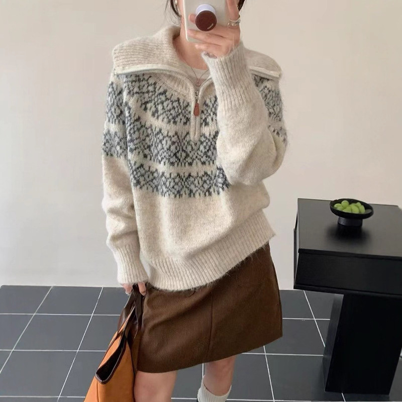 Retro Fair Isle Half-Zip Jacquard Knitted Pullover Autumn and Winter New Fashion Versatile Korean Sweater Top