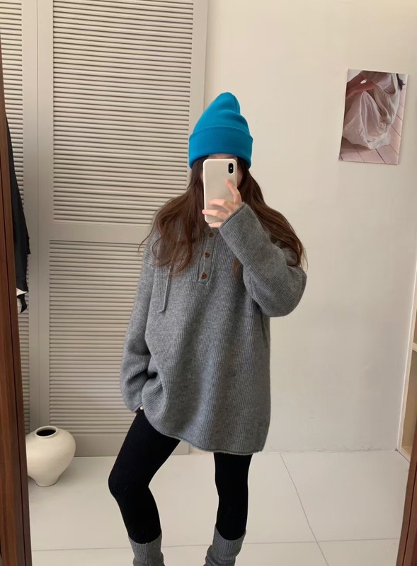 韩系纽扣半开领连帽针织衫女中长款慵懒风宽松休闲套头毛衣卫衣潮|undefined