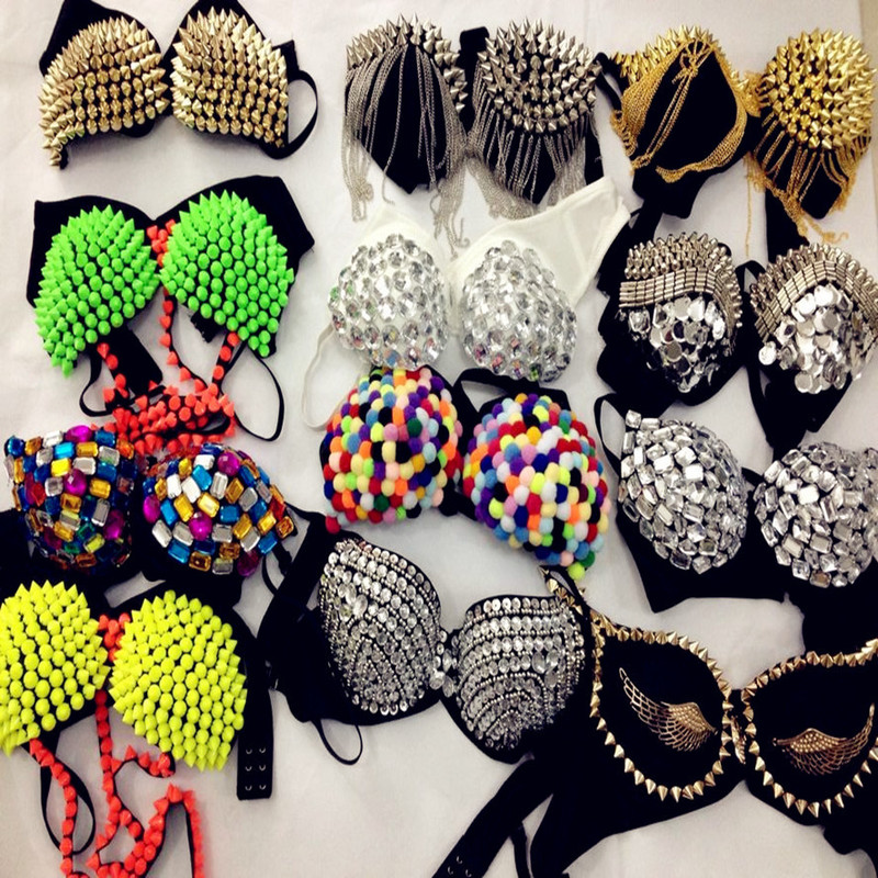 Amazon stage Watch performance top European and American nightclub sexy sequined colored diamond rivet bra pole dance bar DS