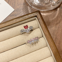 新款新年愛心皇冠開口戒指鑲嵌高級感時尚百搭仿紅剛玉髓指環配飾