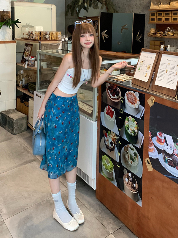 レトロブルー花柄シフォンストレートAラインスカートレディース夏甘いローウエスト油絵気質ヒップカバーミッドスカート|undefined