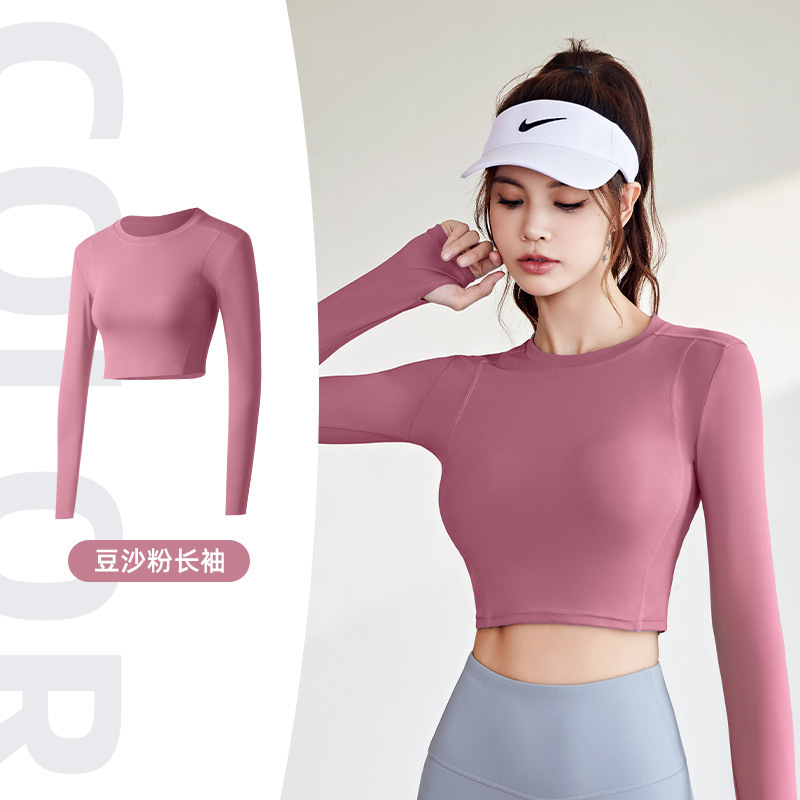 Sports Yoga Tops for Women European and American Running Short Navel-Baring Gym Bodysuit Long-Sleeved T-Shirt Yoga Clothes