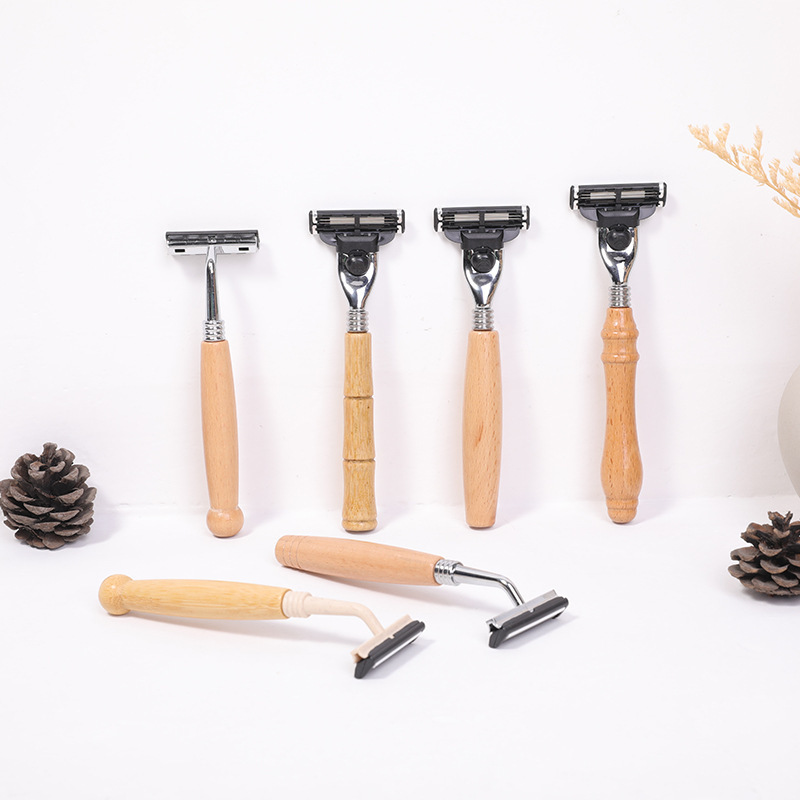 Hotel and Guesthouse Bamboo and Wood Handle Retro Razor, Convenient Non-Disposable Stainless Steel Beard Razor for Hotel Use