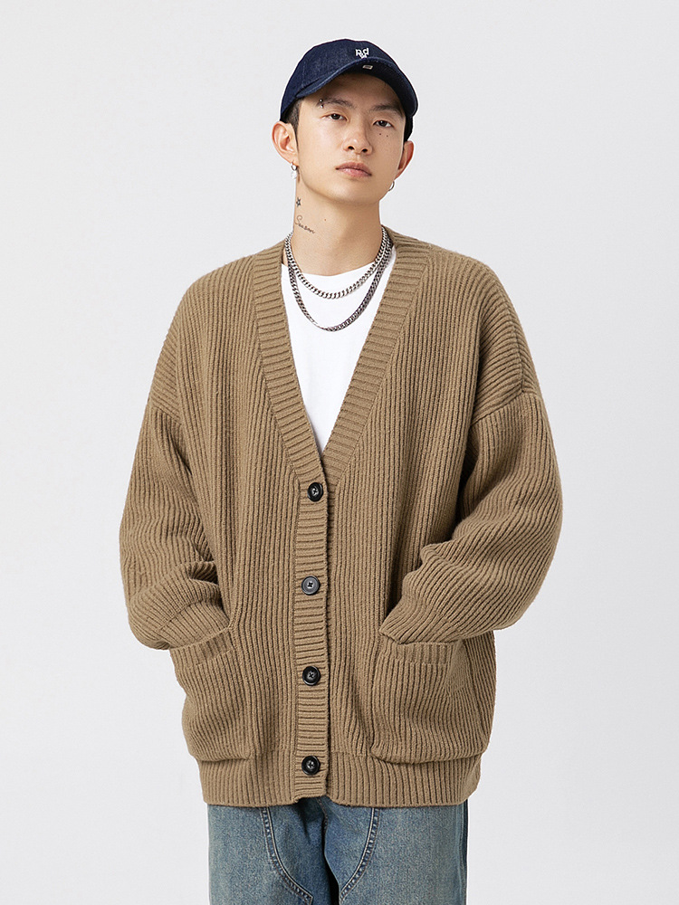 Aguja gruesa textura pesada cardigan suéter hombres Otoño e Invierno Nuevo japonés pareja versátil simple color sólido suéter abrigo